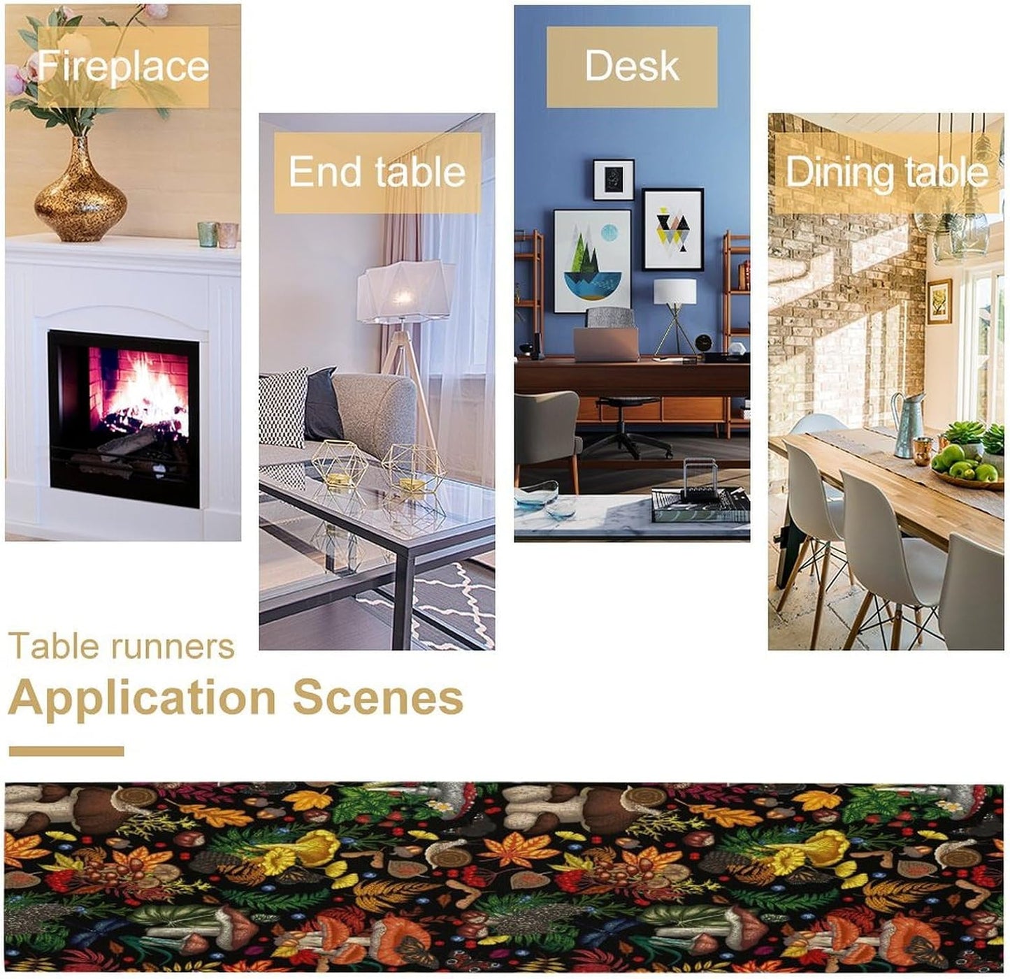 Nature Mushroom Table Runner,Retro Boho Floral Botanical Plant Forest Pattern Print Tablecloth Burlap for Hotel Indoors Outdoor Dining Room Kitchen Holiday Party, 13x36in