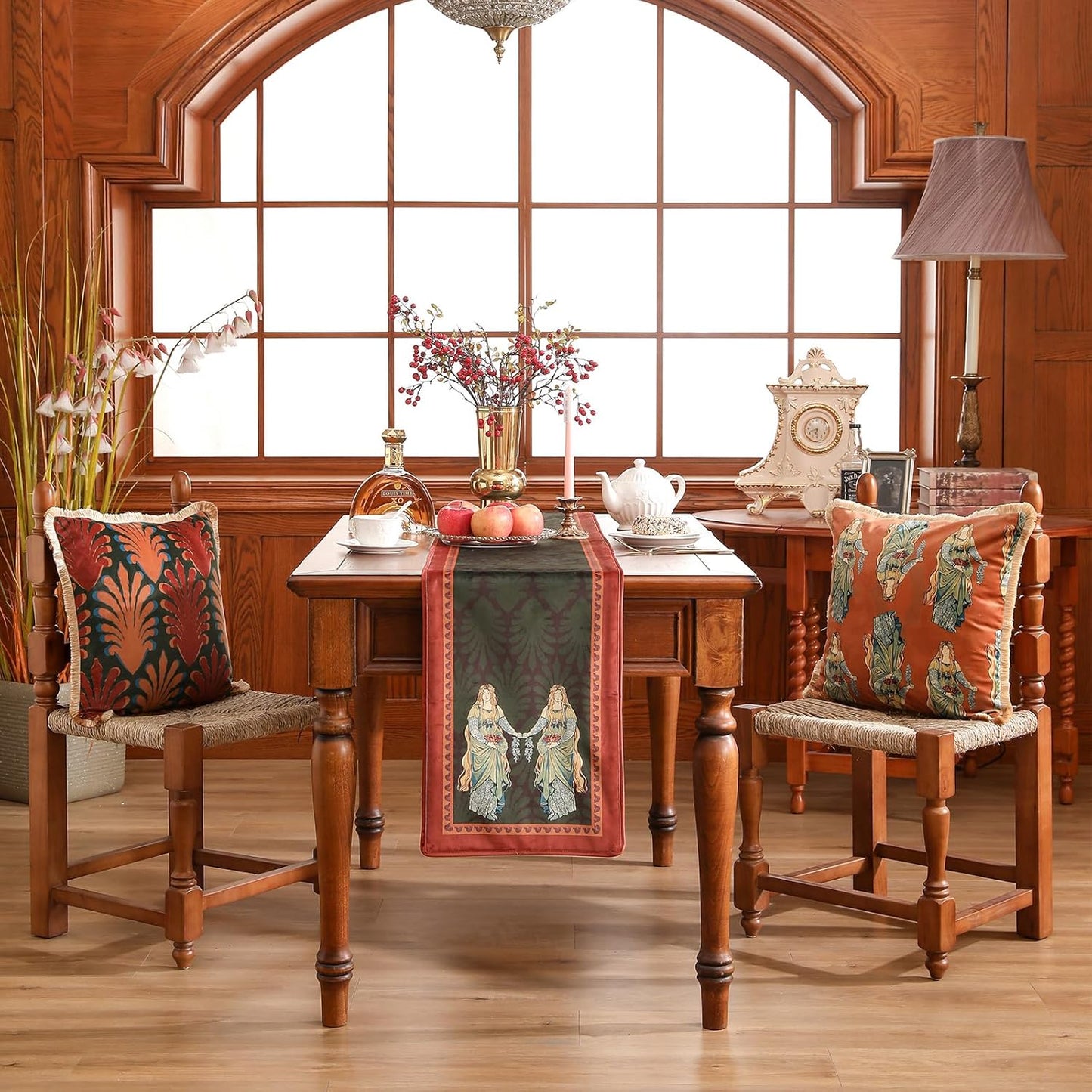 patdrea Designer Mysterious Oil Painting Figures Velvet Table Runner, Brown Green with Palm Frond Pattern Table Mat, Decoration for Kitchen Dining Coffee Table Cabinet Banquet Thanksgiving,12"*102"