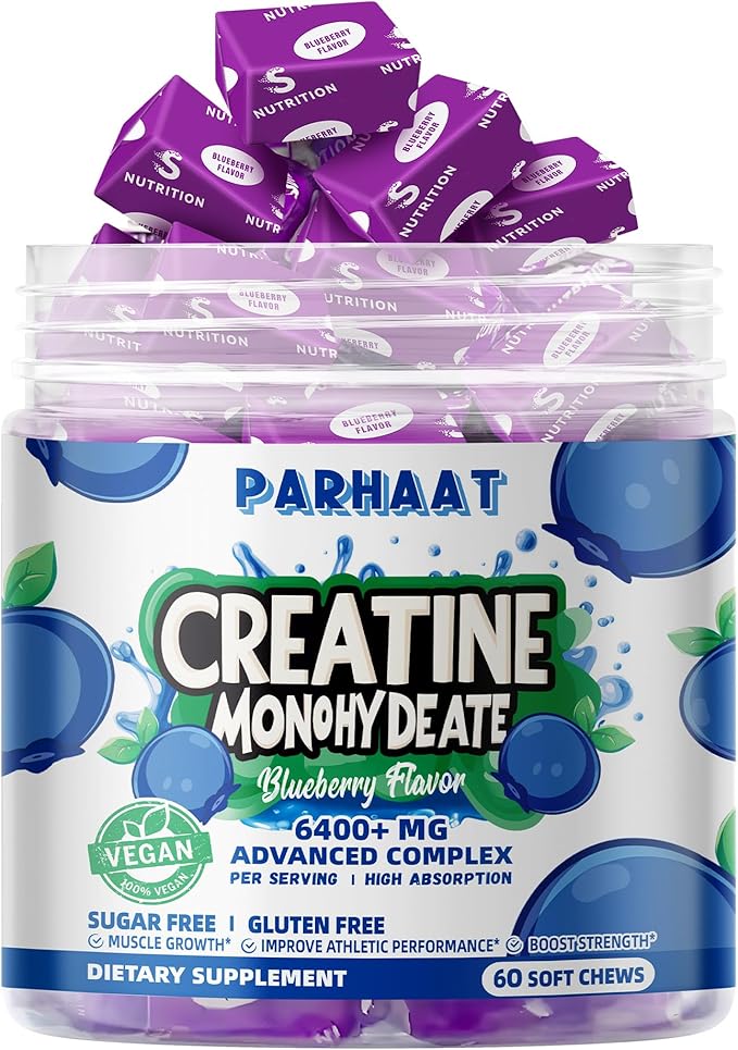 Creatine Monohydrate Chews Complex 6400mg for Men & Women -Advanced Formula W/L-Taurine + Vitamin B12, Sugar Free Chewable Supplement,60 Blueberry Softchews
