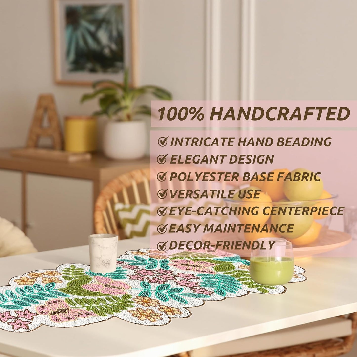 Handmade Beaded Table Runner -35 Inch Spring Floral Runner with Butterflies, Pink Flowers, and Green Leaves -Pastel Table Decor for Easter, Dining Room, Entryway, or Garden Party (Multi) - CLEENTABLE