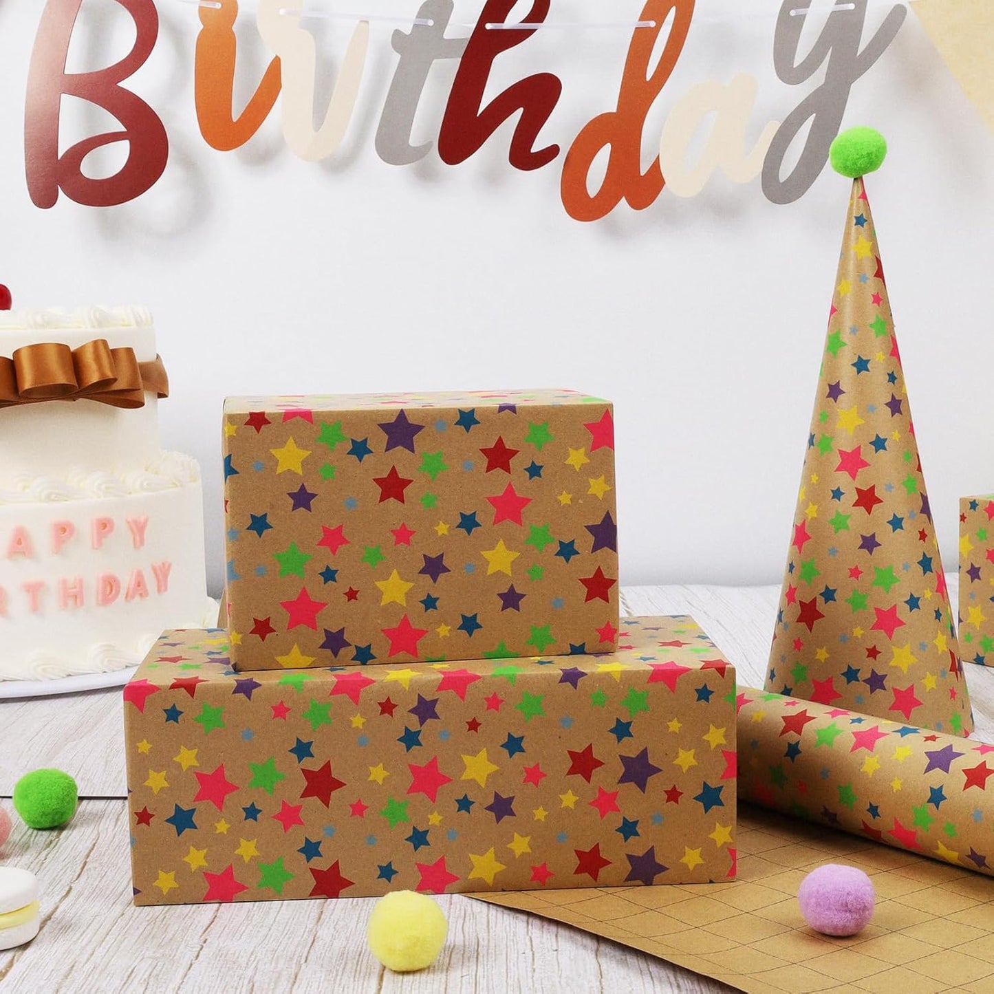 LaRibbons Birthday Wrapping Paper Roll for Kids, 30 Inch x 33 Feet (83 sq. ft. ttl.) Kraft Gift Wrap Paper with Colorful Star Pattern for Baby Shower Holiday Party