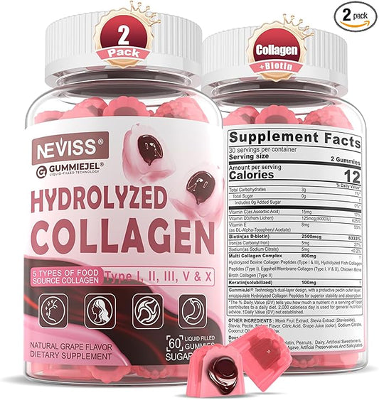 Sugar Free Collagen Peptides Gummies for Women & Men, Hydrolyzed Multi Collagen Type I II III V & X, with 5000IU Vitamin D3 & Biotin Keratin for Skin Hair Nails, Collagen Supplement Gummy, 120Cts