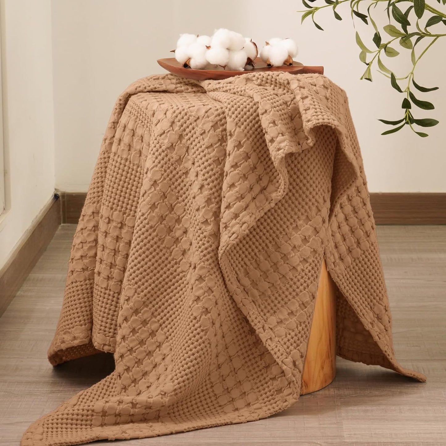 PHF 100% Cotton Waffle Weave Throw Blanket, Soft Lightweight Breathable Cozy Throws for Couch Bed Sofa, Luxury Aesthetic Woven Blanket for Home Decor & Office, 50"x60", Camel