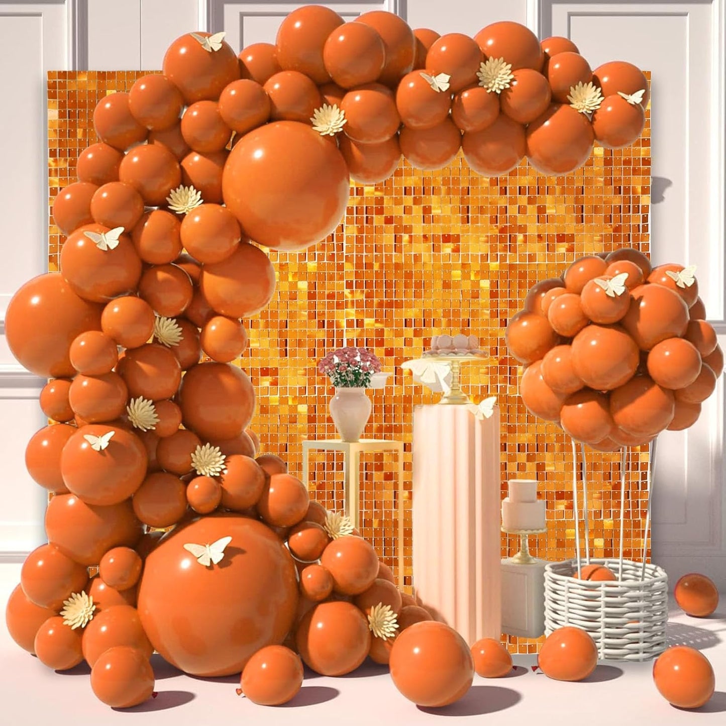 12PCS Orange Shimmer Wall Backdrop, Square Sequin Photo Backdrops Panel, Glitter Wall Background for Birthdays, Weddings, Halloween, Thanksgiving, Disco Bachelorette Party Decoration (3FTx4FT)