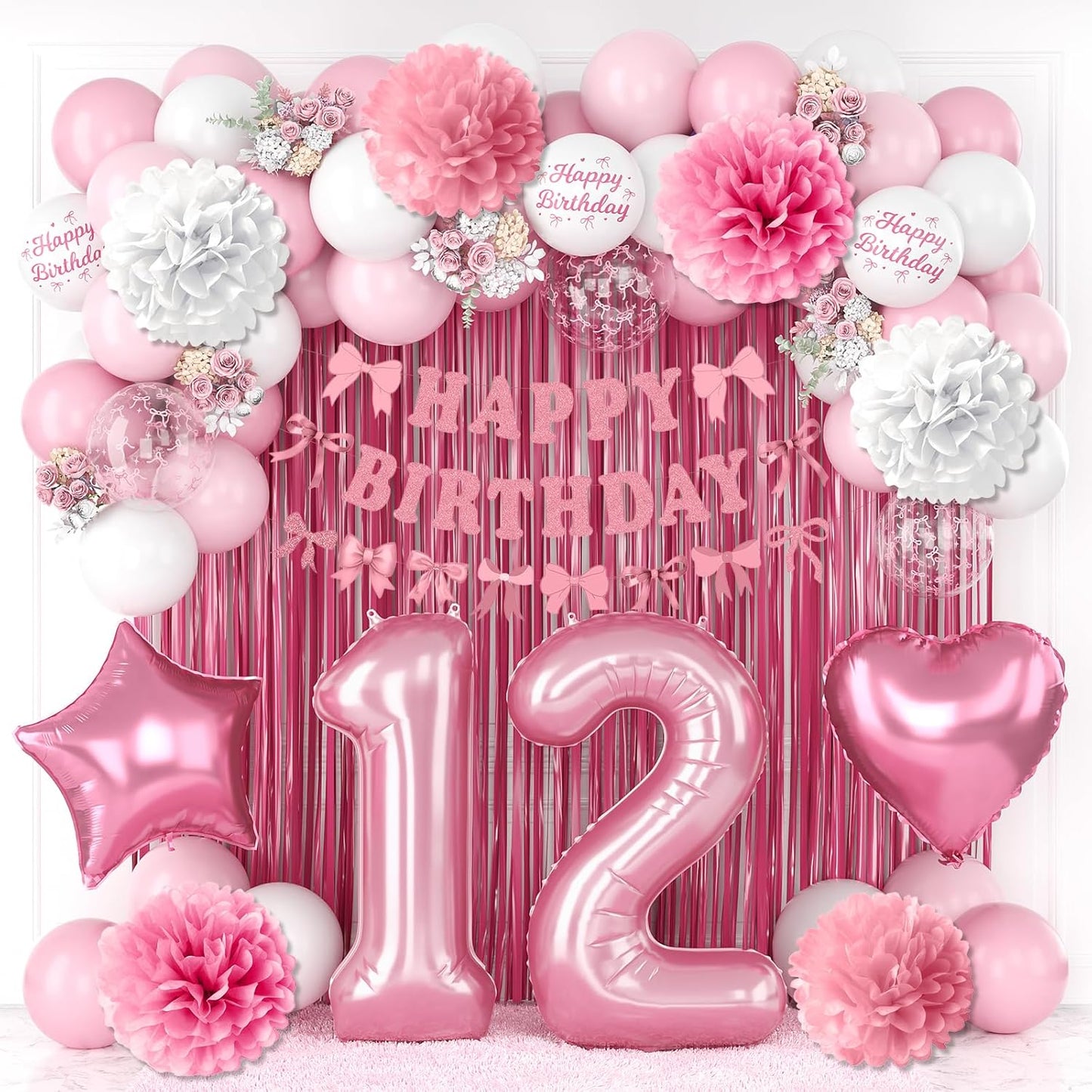 12th Birthday Decorations for Girls Pink Number 12 Balloon Bow Coquette Happy Birthday Banner Fringe Curtain Paper Pom Poms Star Heart Foil Pink White Balloons 21 Year Old Party Decor