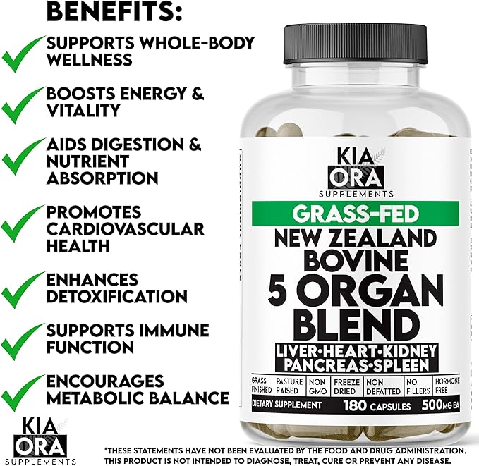 Grass Fed Bovine 5 Organ Complex – Liver, Heart, Kidney, Spleen & Pancreas – Freeze-Dried Glandular Supplement for Energy, Detox & Immune Support – 180 Capsules
