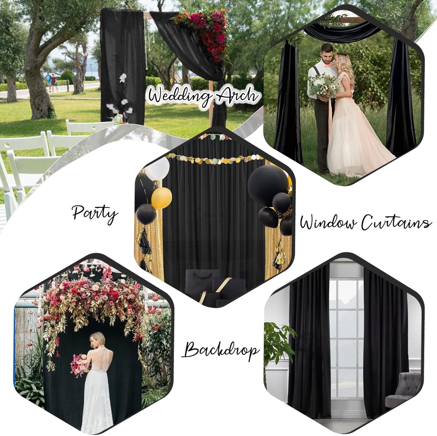 PARTISKY 10ftx7ft Black Chiffon Backdrop Curtains, Wrinkle-Free Sheer Fabric Photo Drapes for Wedding Ceremony Arch Birthday Baby Shower Photography Stage Decor 5ft x 7ft, 2 Panel