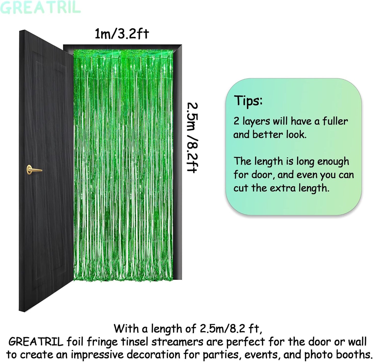 Green Tinsel Curtain Party Backdrop - GREATRIL Foil Fringe Streamers for St Patrick’s Day/Luau/Turtle/Hawaiian/Dinosaur/Ghost/Football/Christmas Decorations 2 Packs