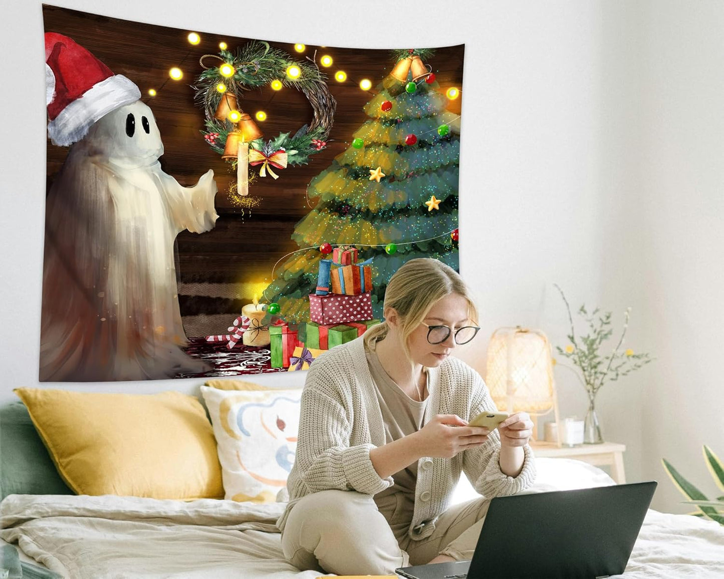 QGHOT Christmas Tapestry Wall Hanging Christmas Tree Backdrop Cute Ghost Wall Decor Xmas Holiday Tapestries for Kids Bedroom Living Room Dorm Party Decoration, Large