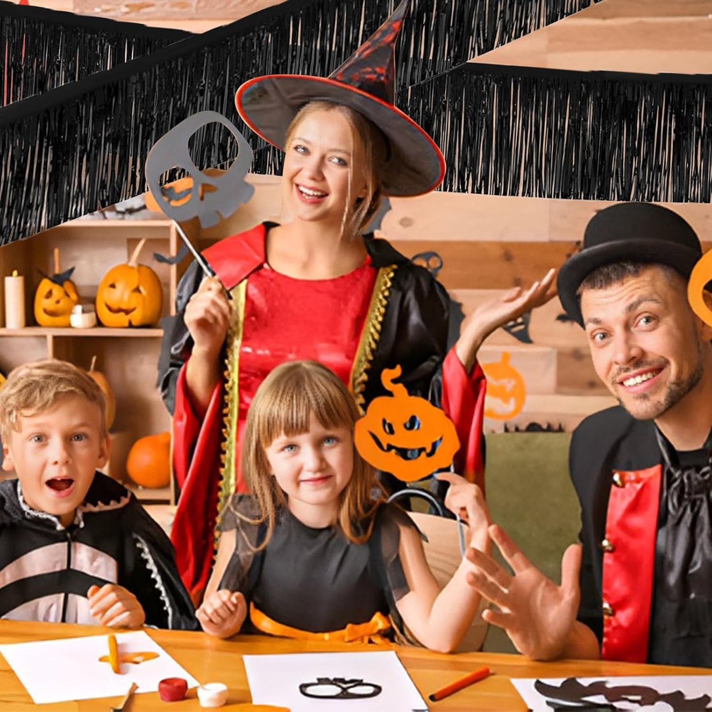 Black Foil Fringe Garland 10FT 2packs, Metallic Foil Tinsel Fringe Banners for Parade Float Decorations Wedding, Birthday Party Graduation (Two Black)