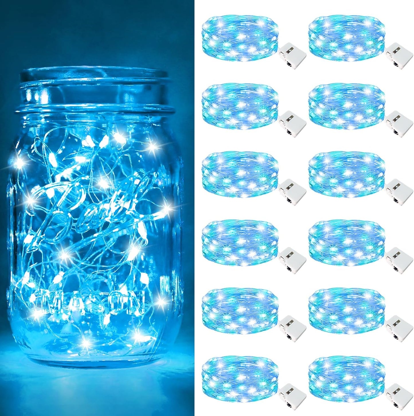 btfarm 12 Pack Fairy Lights Battery Operated [3 Modes], 7ft 20 Led Twinkle Lights String Lights Waterproof Bulk Small Mini Silver Wire for Christmas Mason Jars Wedding Table Centerpiece, Blue White