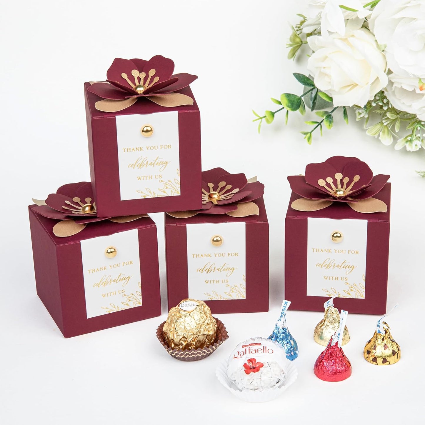 FEIYI 20 PCS Favor Boxes, 3 In 1Burgundy Candy Boxes with Floral Decor, White Thank You Tags Gold Foil Print Gift wrapping for Wedding, Baby Shower, Birthday, Decorations Party - 2.55x2.55x2.55