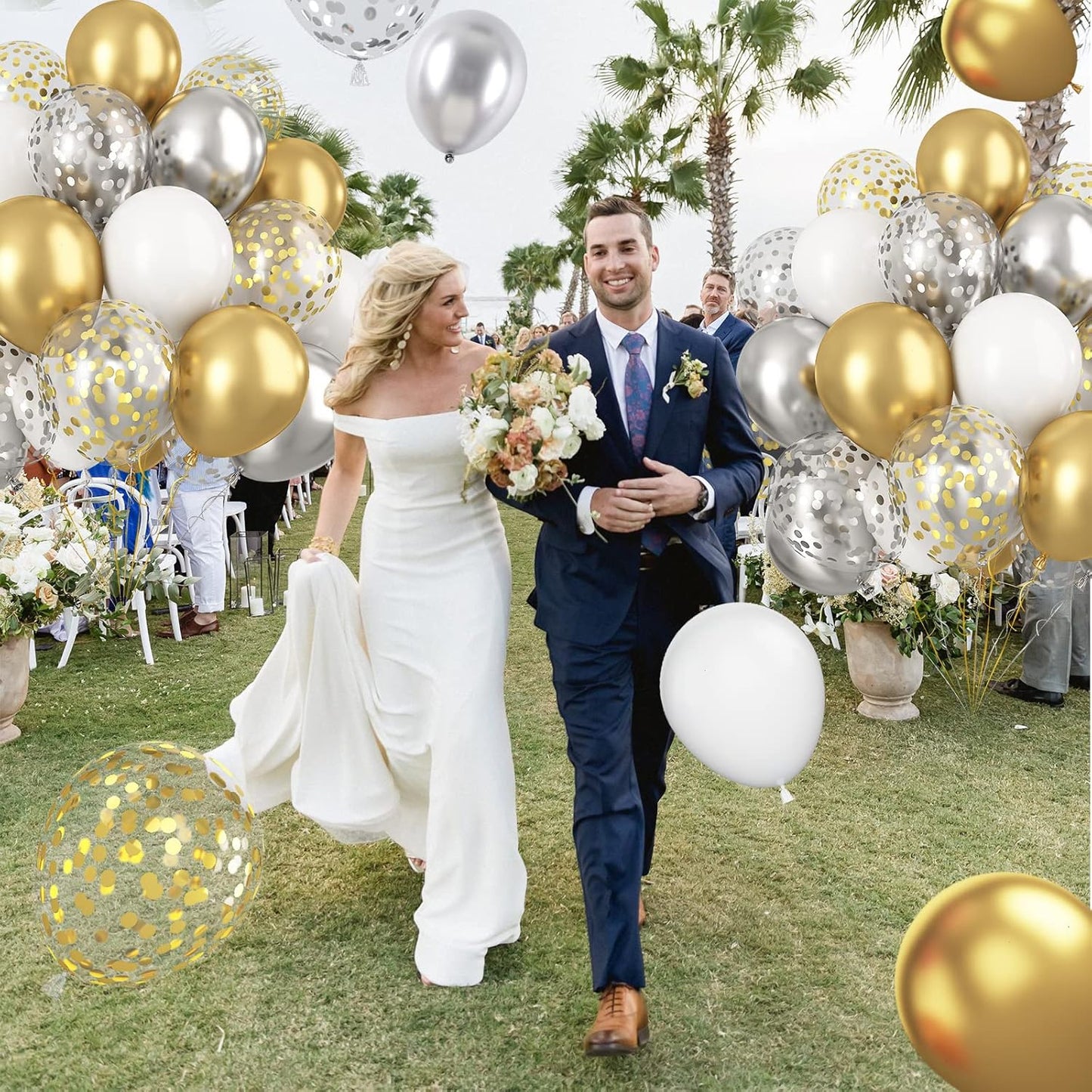 Paready Gold and Silver Latex Balloons, 60 Pcs 12 Inch Metallic Gold Silver and White Confetti Balloons for Birthday Baby Shower Engagement Anniversary Wedding Bridal Shower Graduation Decoration
