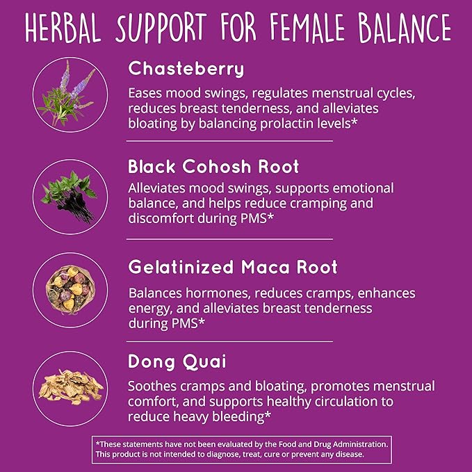 Hormone Balance for Women 180 Ct – PMS Support Supplement for Women, Menopause & Perimenopause | Bloating Relief, Menstrual Cramp, Mood, PMDD | Chasteberry, Black Cohosh, Dong Quai | Vegan, Non-GMO