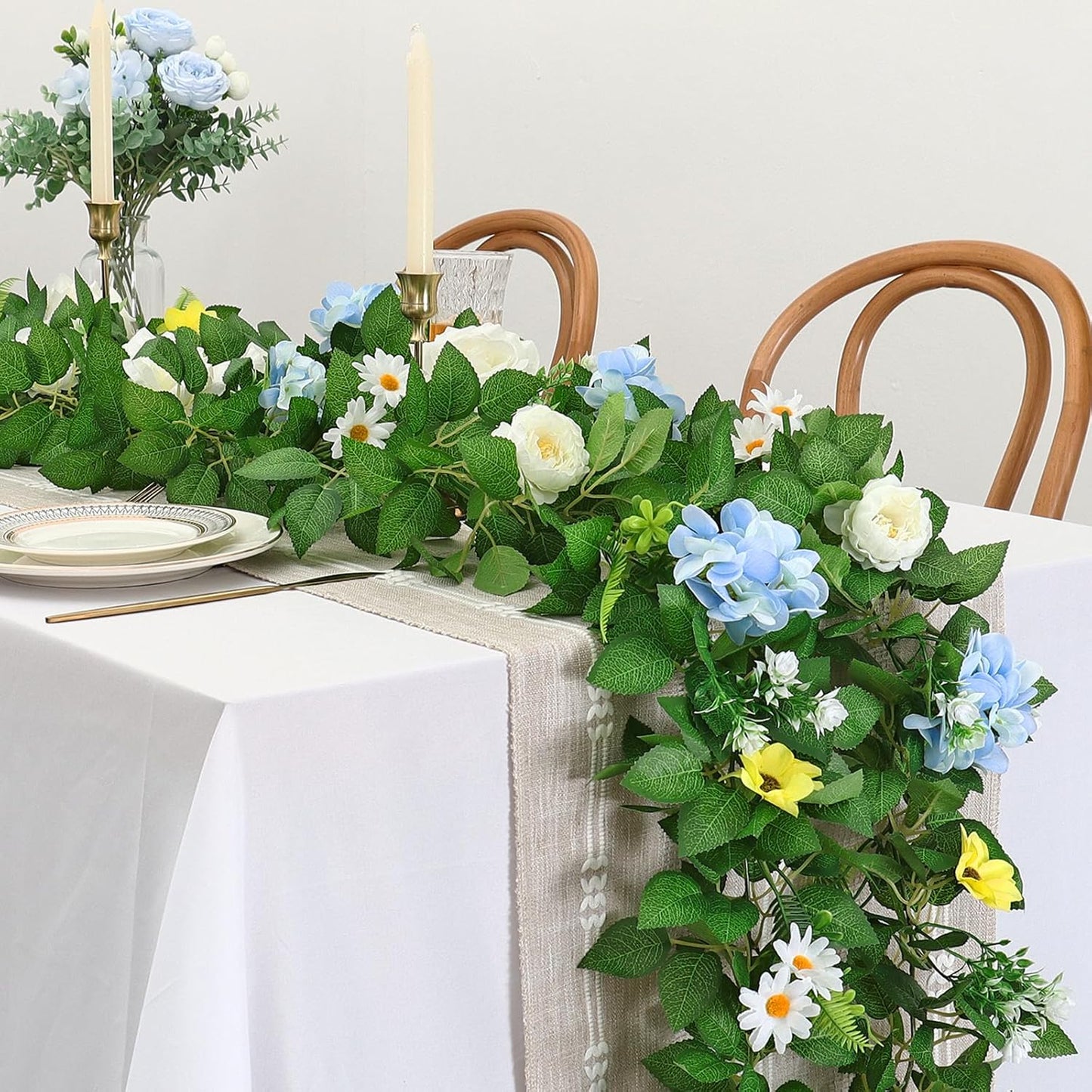 Dremisland 2PCS Artificial Rose Vine Fake Flower Garland 6FT Faux Silk Rose Hanging Vine Floral Garland Daisies Hydrangeas Ivy Vines for Wedding Party Wall Arch Garden Background Decor