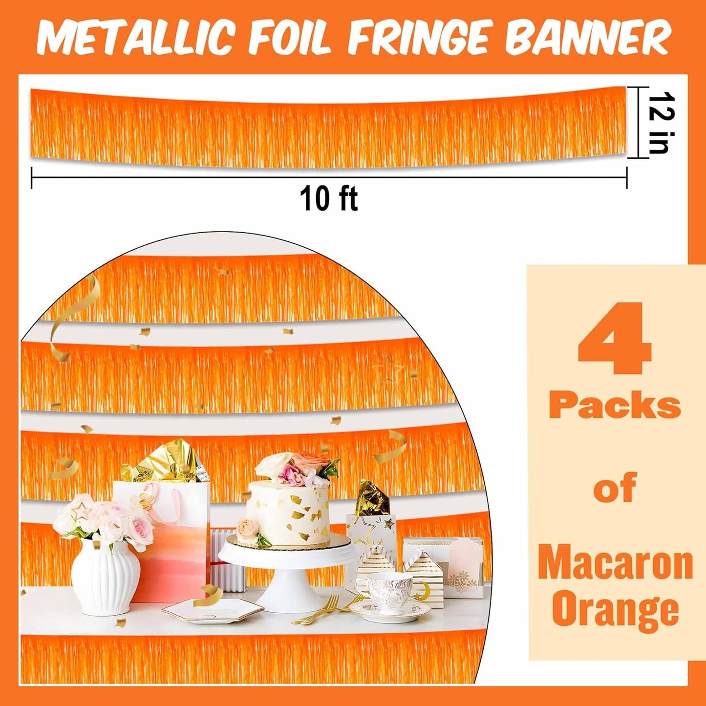 4 Pack 10 Ft Macaron Orange Foil Fringe Garland Metallic Streamers Tinsel Banner Wall Hanging Garland Backdrop for Parade Floats, Halloween, Christmas, Thanksgiving, New Year Party Decorations