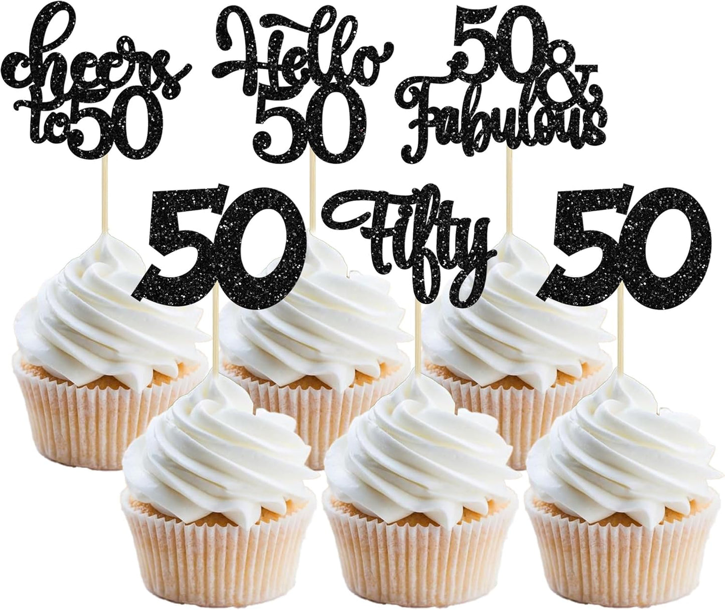 30Pcs Happy 50th Birthday Cupcake Toppers Black Glitter Fifty Cheers to 50 Years Old Birthday Cupcake Picks for 50th Birthday Anniversary Party Cake Decorations Supplies