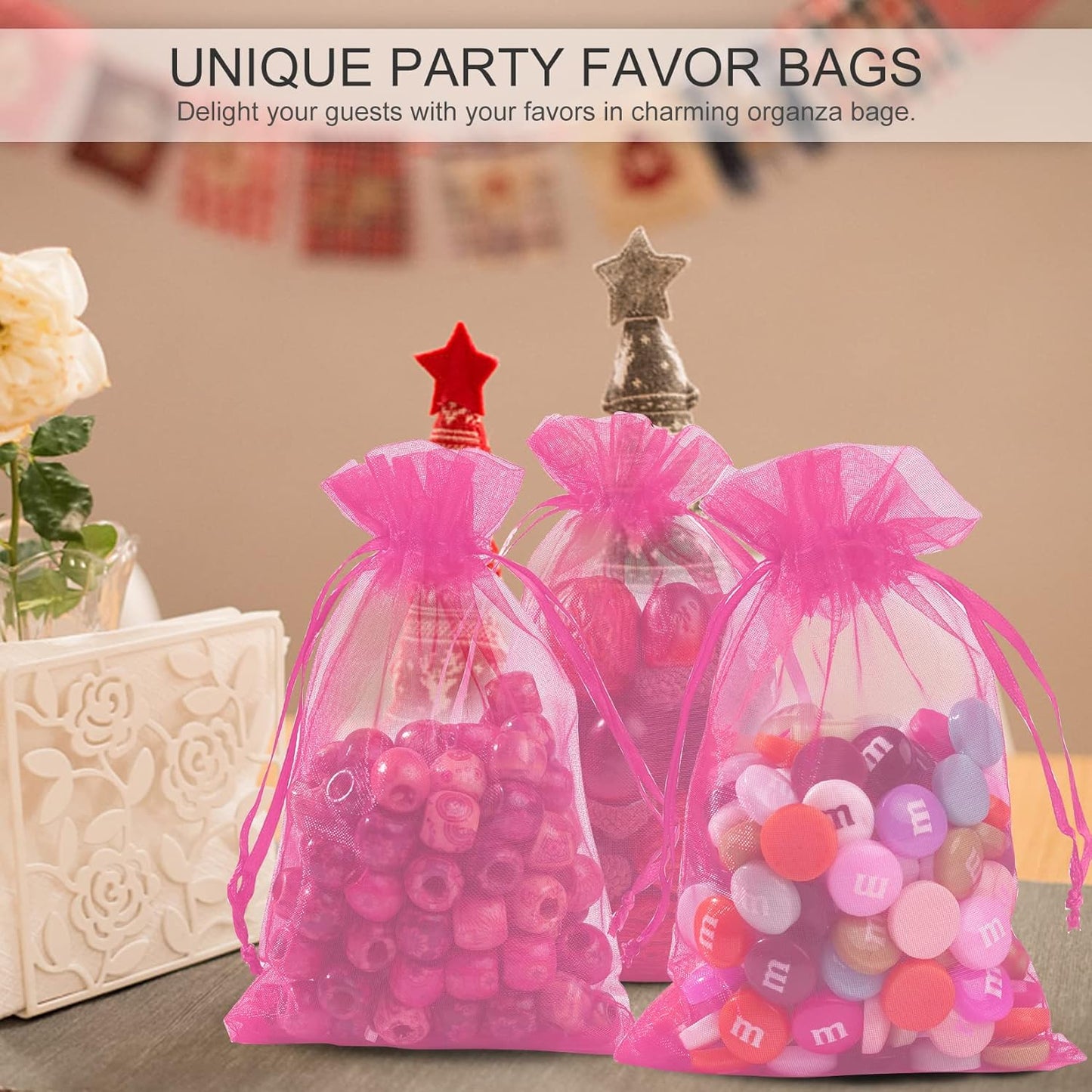 ANZNKU 100 Pack 4x6 inches Pink Drawstring Organza Mesh Bags, Wedding Favor Gift Bags For Party, Festival, Christmas, Sheer Organza Favor Candy Bag