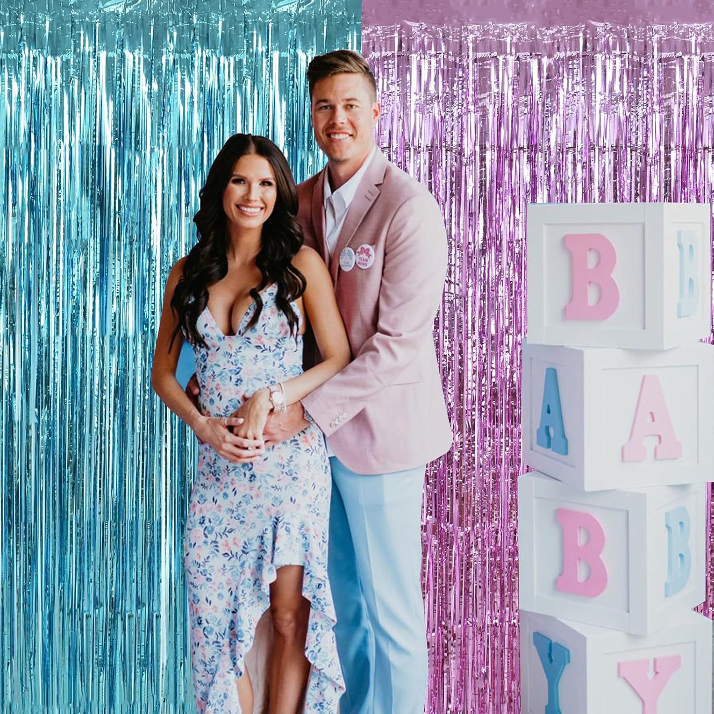 BEISHIDA 2 Pcs Door Streamers Pink and Blue Curtain Baby Shower Party Streamers Gender Disclosure Backdrop Party Decorations (3.28 ft x 6.56 ft)