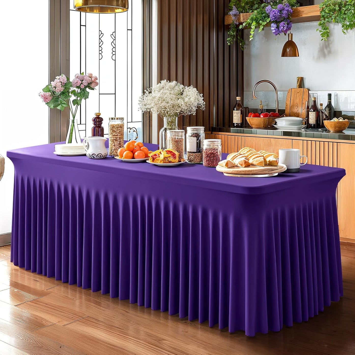 Wish Care 2 Pack Dark Purple Spandex Table Clothes for 8 Foot Rectangle Tables, 8FT Wrinkle Free Fitted Tablecloths Ruffles Design Table Cover for Party, Banquet, Wedding and Events