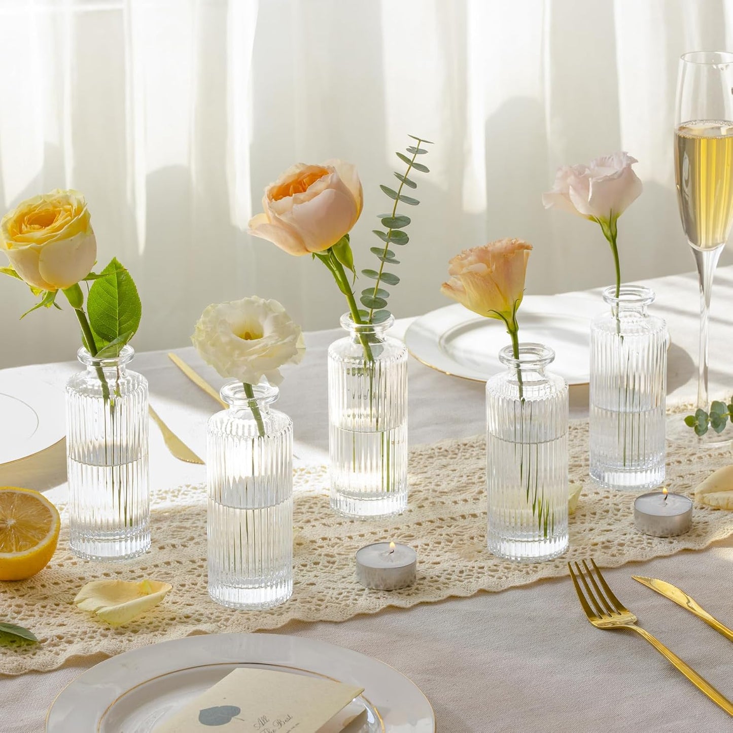 ComSaf Small Vases for Flowers Mini Clear Glass Bud Vases in Bulk, 5.2 inch Tall Mini Flower Vase, Vases for Centerpiece, Ribbed Vase, Wedding Table Ceterpiece, Home Decor, Housewarming Gift (Clear)