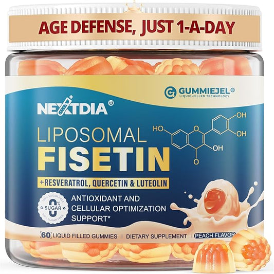 Liposomal Fisetin 200mg & Resveratrol Complex 500mg Liquid Gummies - Longevity & Cell Renewal Support - 98% High Purity Fisetin,Trans-Resveratrol Quercetin Luteolin with Vitamins C & E, 1-A-Day, 60Cts