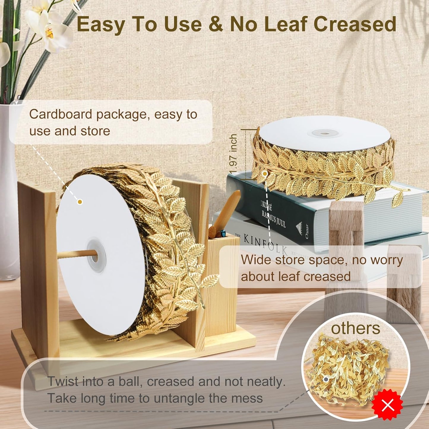 Naidiler Gold Leaf Ribbon, 20 Yards Artificial Gold Leaf Trim for DIY Crafts, Wrapping, Wedding Cake Baby Shower Party Wreath Garland Hair & Clothes Home Décor