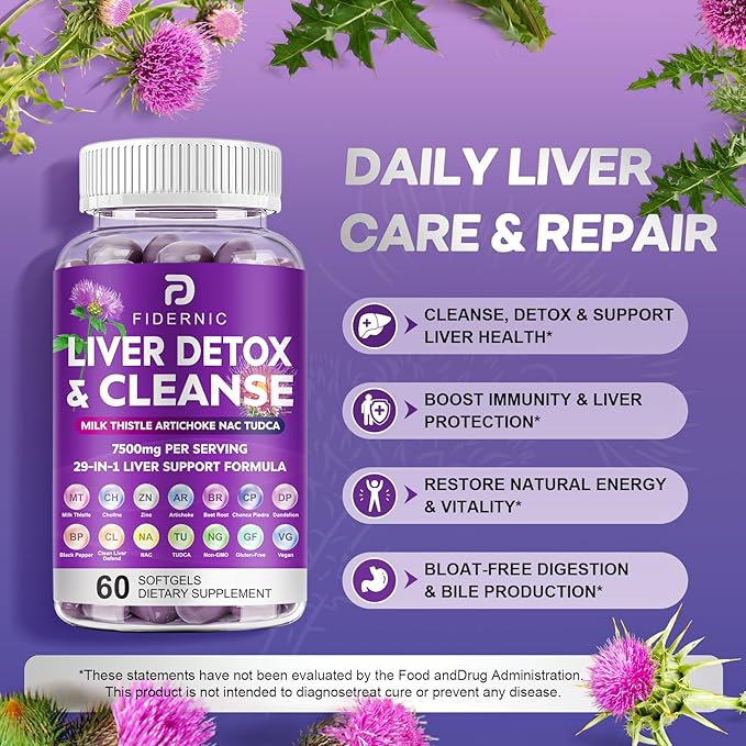 Liver Cleanse Detox & Repair - Herbal Liver Support Milk Thistle Supplement, 7500mg Strength Liver Health Support with Silymarin Artichoke Extract Dandelion Beet TUDCA Choline NAC, 120 Vegan Softgels