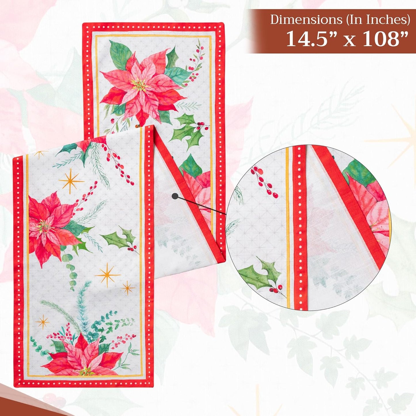 Maison d' Hermine Table Runner 100% Cotton Single Layer Table Runners 108 inches Long for Thanksgiving Christmas Decorations Home Kitchen Dining Party Wedding (Poinsettia Christmas, 14.5" x 108")