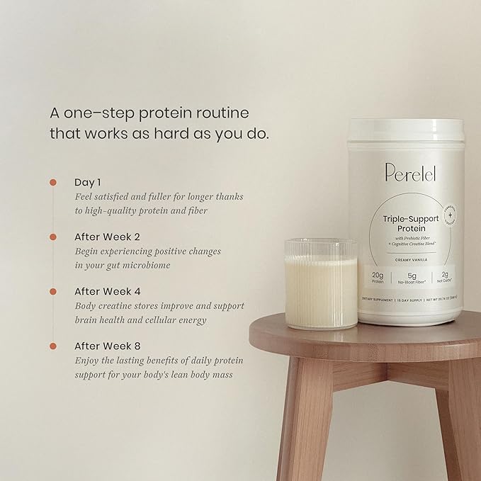 Perelel Triple-Support Plant Based Protein Powder, Creamy Vanilla, 20g Vegan Protein Powder, 3g Creatine Monohydrate, & 5g Prebiotic Fiber per Serving, Dairy Free, No Sugar Added, 15 Day Supply