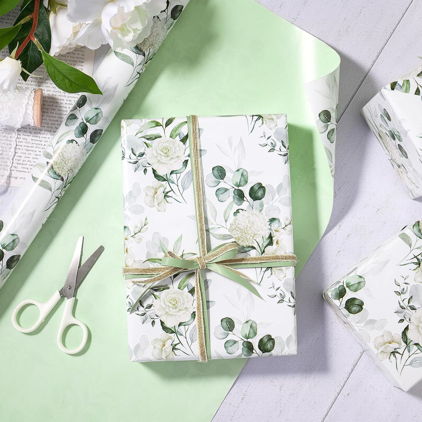 RUSPEPA Reversible Floral Wrapping Paper for Women Girls, Mini Roll, Elegant Flower Greenery and Sage Green Gift Wrap Paper for Wedding, Birthday, Bridal Shower, Mother's Day, 17 Inches x 16.4 Feet