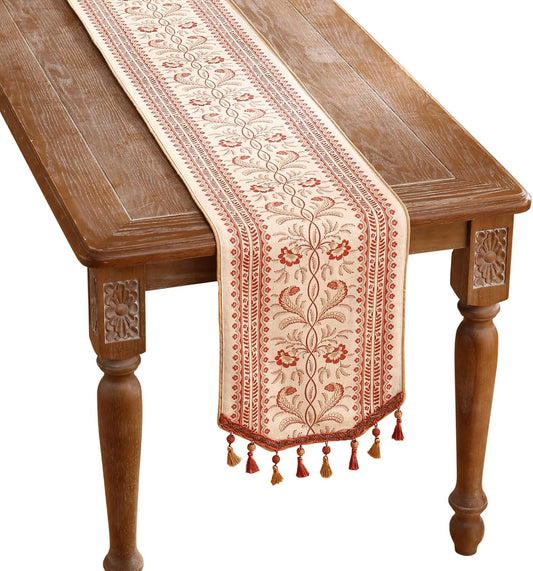 ISAENNE Designer Vintage Linen Table Runner 87 Inches Long,Red Floral Pattern Modern Decor Table Runners for Dining Tables,Thanksgiving,Kitchen Tables,Christmas,Banquet,12"*87"-Chamonix A