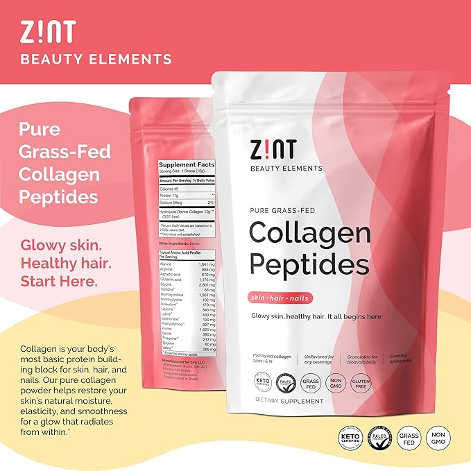 Zint Collagen Peptides Powder (32 oz) | Grass-Fed, Hydrolyzed Type I & III | Supports Skin, Hair, Joints & Gut Health | Rich in Key Amino Acids | Paleo-Friendly, Keto, Non-GMO, Unflavored