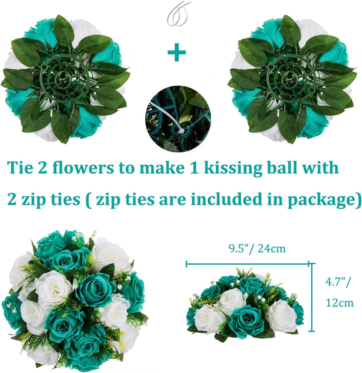 BLOSMON Flower Ball Centerpieces for Wedding: 10 Pcs Teal White Fake Roses Flowers Artificial for Table - Silk Kissing Bouquet Floral Arrangement Center for Home Party Event Decor