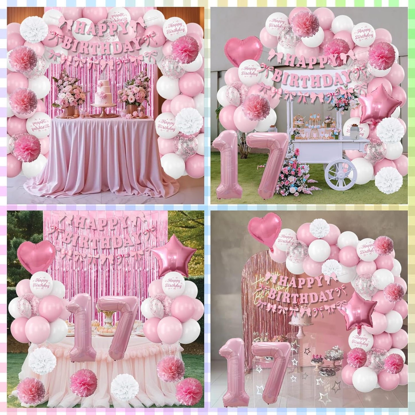 17th Birthday Decorations for Girls Pink Number 17 Balloon Bow Coquette Happy Birthday Banner Fringe Curtain Paper Pom Poms Star Heart Foil Pink White Balloons 17 Year Old Party Decor for Her