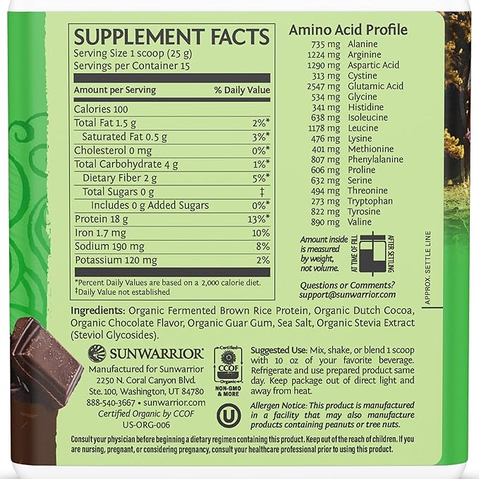 Brown Rice Protein Powder with Bcaa & Amino Acids Raw Rice Protein Shake Gluten Free Low Carb Dairy Free | Plant Based Classic Sprouted Brown Rice Protein Powder Chocolate 375g by Sunwarrior