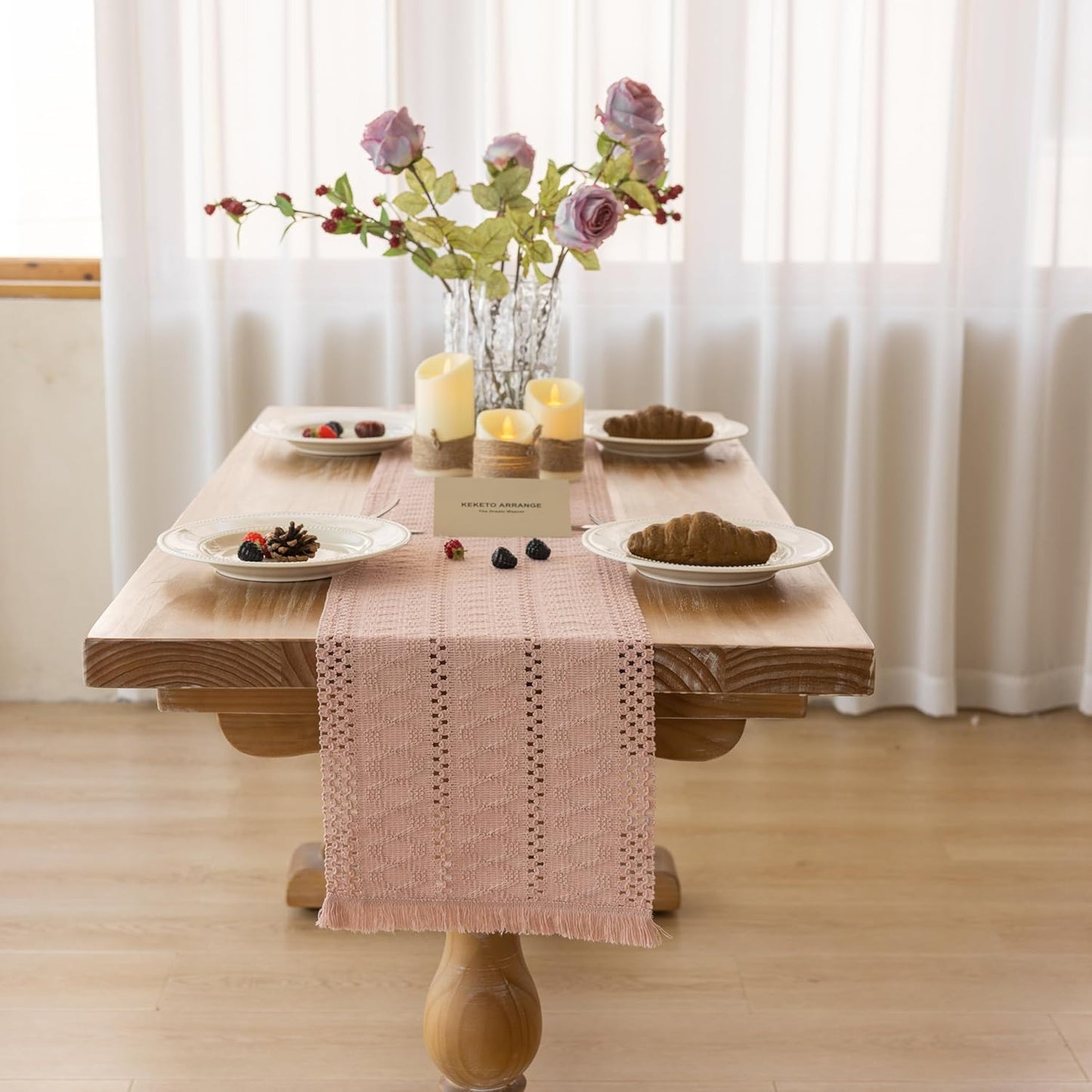 Boho Pink Table Runner for Home Decor 12x72 Inches Farmhouse Macrame Burlap Jute Rustic Dining Kitchen Centerpiece Bohemian Decor French Country Baby Bridal Shower Decorations