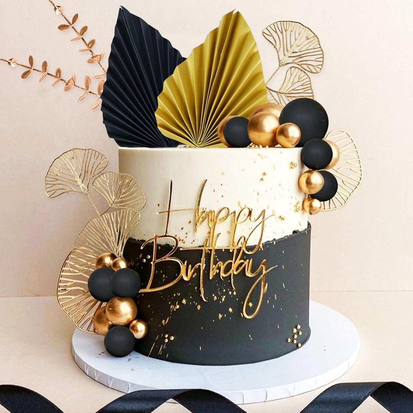 Boho Cake Topper Black Gold Ball Cake Top Man Cake Decorations Roar 1920s Cake Decorations for Baby Shower Party Decorations Wedding Anniversary Party Supplies