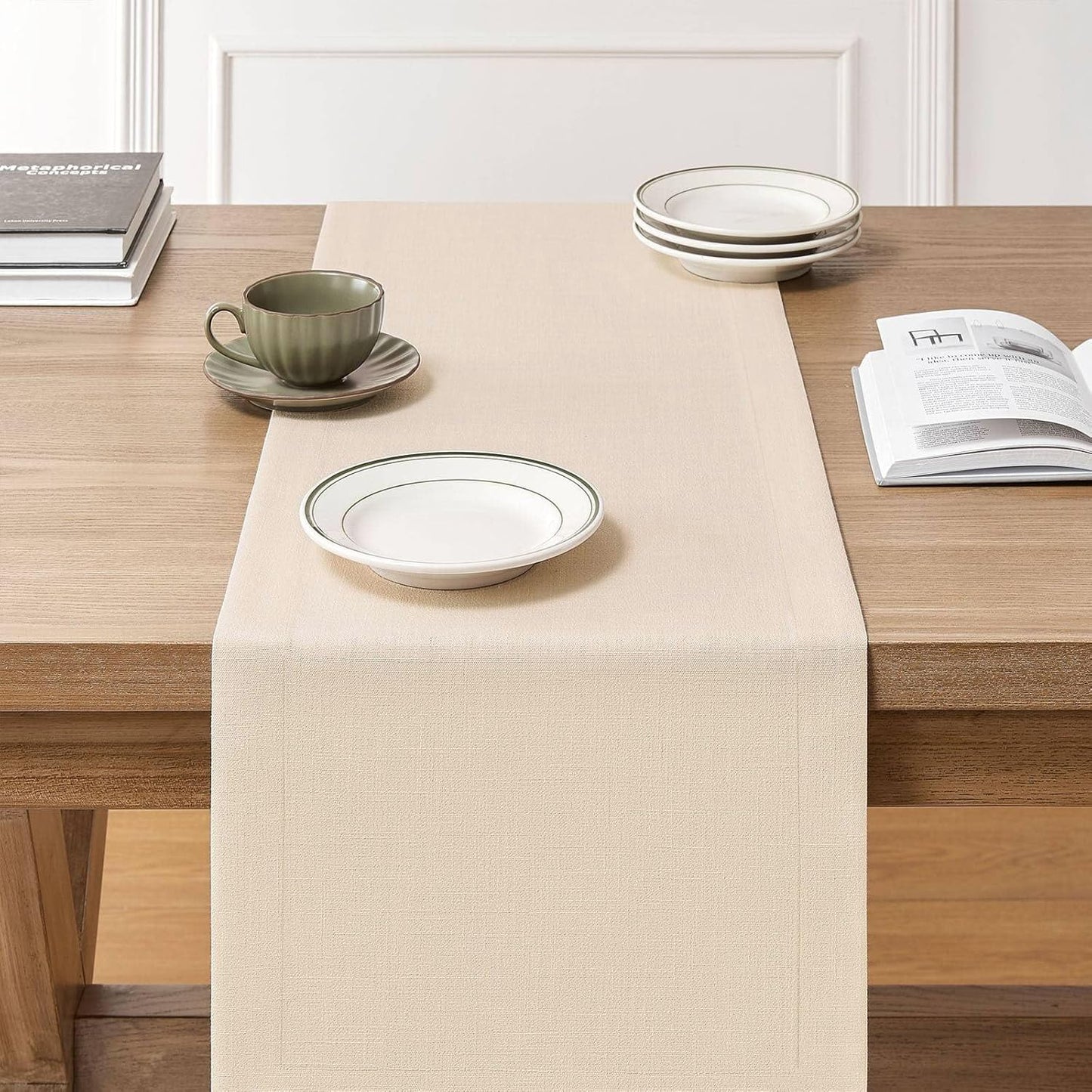 ZeeMart Linen Textured Border Table Runner, 14 x 72 Inch Cream, Farmhouse Style Cream Table Runners 72 Inches Long, Easy Care Everyday Polyester Table Runner