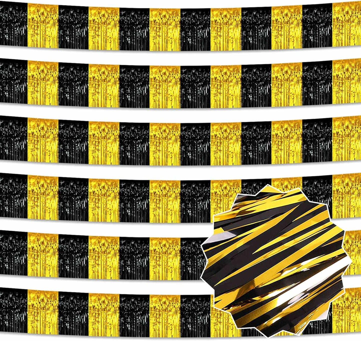 6 Pack 10 Ft Black and Gold Foil Fringe Garland Metallic Streamers Tinsel Banner Wall Hanging Garland Backdrop for Parade Floats, Halloween, Christmas, Thanksgiving, New Year Party Decorations
