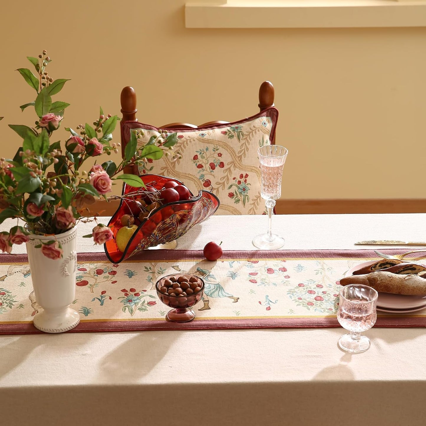 patdrea Designer Idyll Linen Table Runner, Vintage Beige Farmhouse with Ancient Spring Figure and Fruit Trees Pattern Table Mat, Decoration for Kitchen Dining Banquet Christmas ,12"*87"