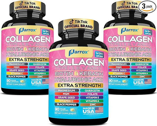 Collagen Peptides Types I, II, III, V & X, MCG Biotin, Keratin, Hyaluronic Acid, MSM, Zinc, Grape Seed Extract, Quercetin, Vitamin A, C & E, Folate, Black Pepper, Magnesium, Folic Acid (3 Pack)