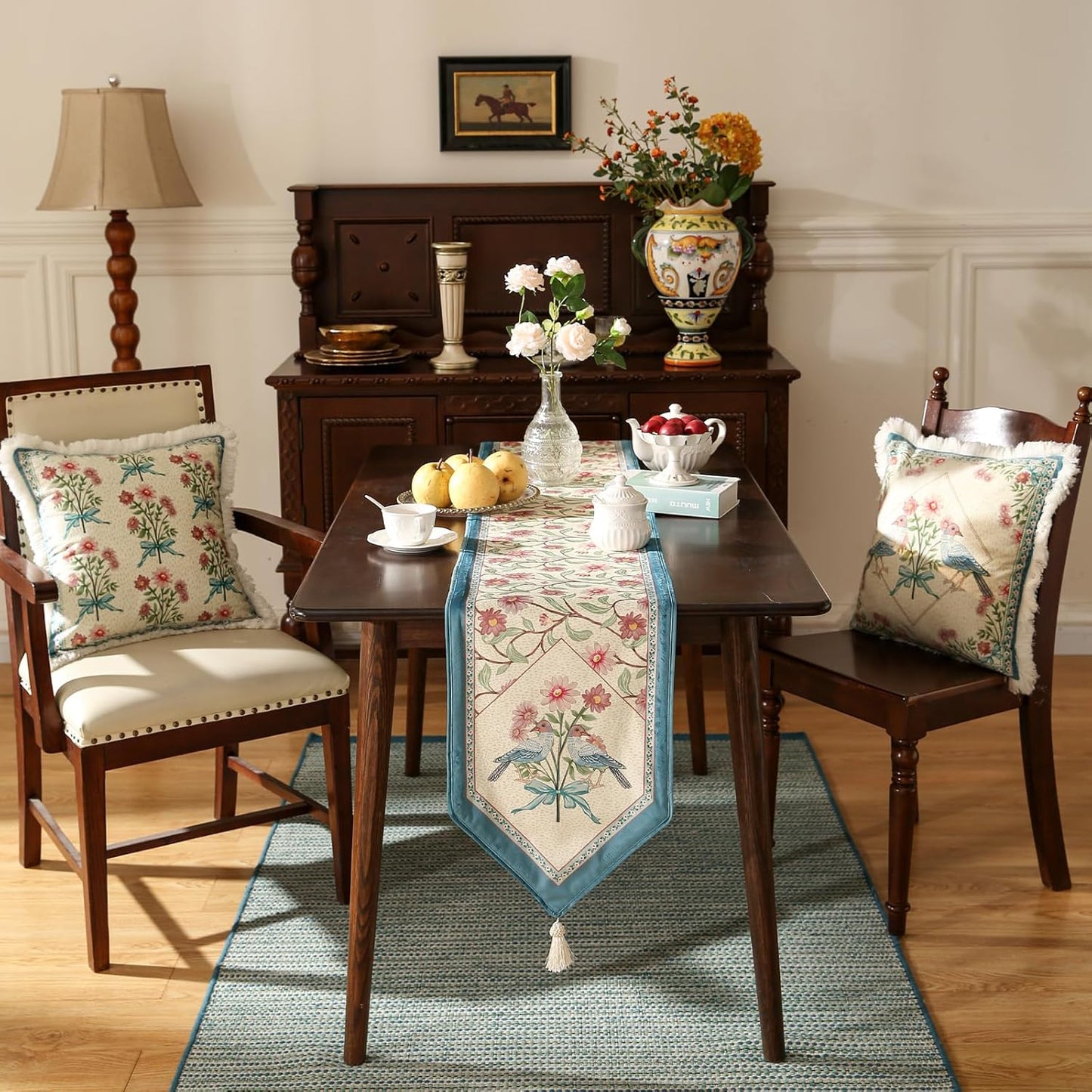 patdrea Designer French Elegant Wild Flowers Velvet Table Runner 102 Inch Long, Beige Pink Floral Table Mat, Decoration for Kitchen Dining Coffee Table Cabinet Banquet Thanksgiving,12"*102"