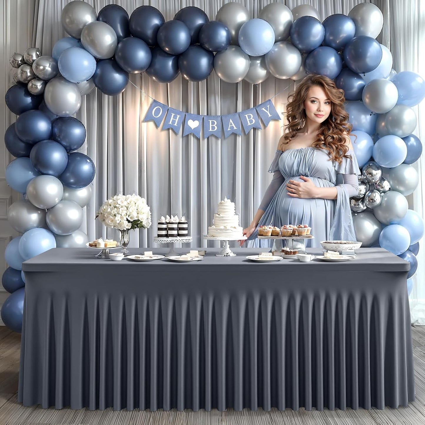 Wish Care 2 Pack Gray Spandex Table Clothes for 4 Foot Rectangle Tables, 4FT Wrinkle Free Fitted Tablecloths Ruffles Design Table Cover for Party, Banquet, Wedding and Events