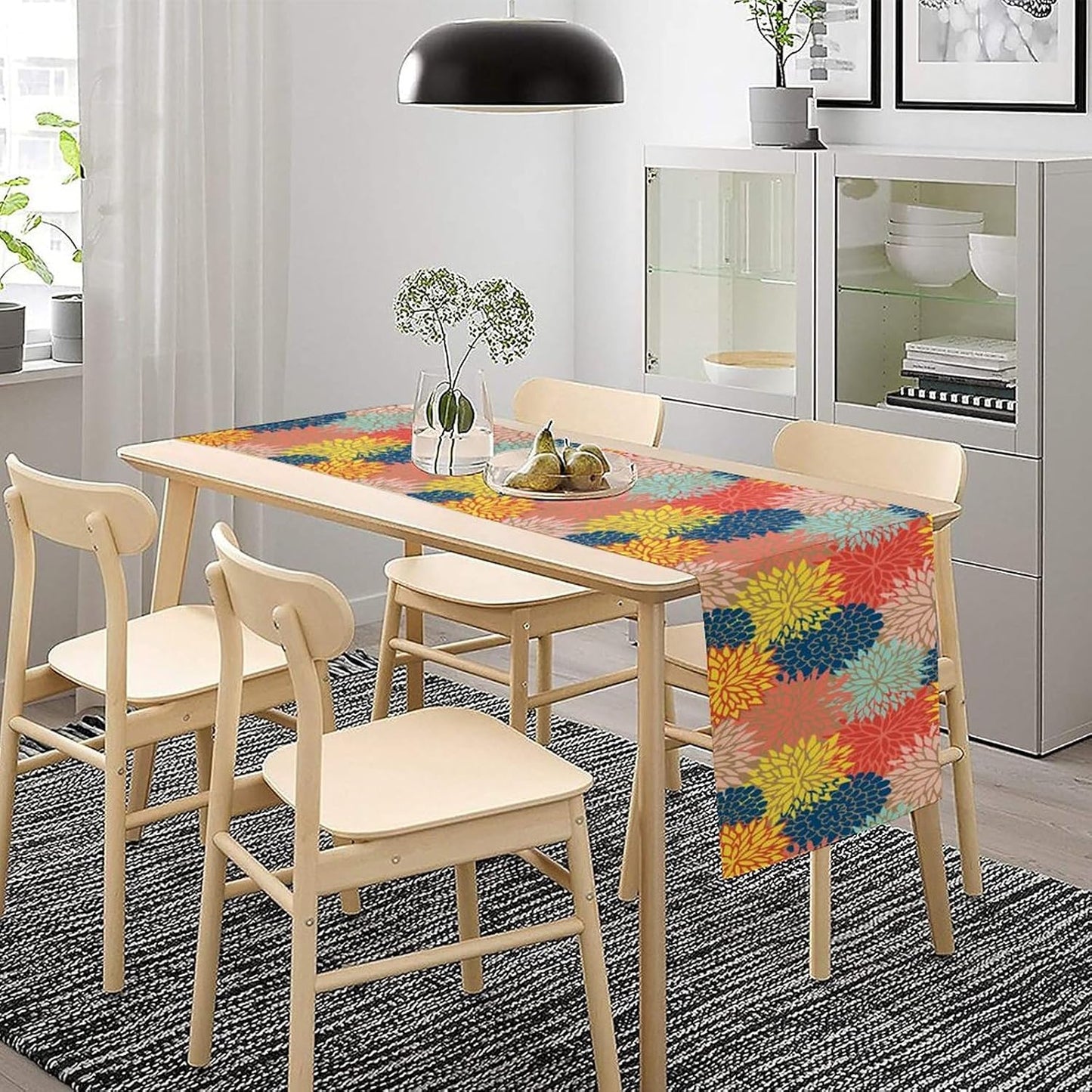 Dahlia Flowers Table Runner Colorful Floral Teal Grey Pink Yellow Blue Abstract Table Runner Kitchen Dining Party Decor Living Room, 13x60 Inch