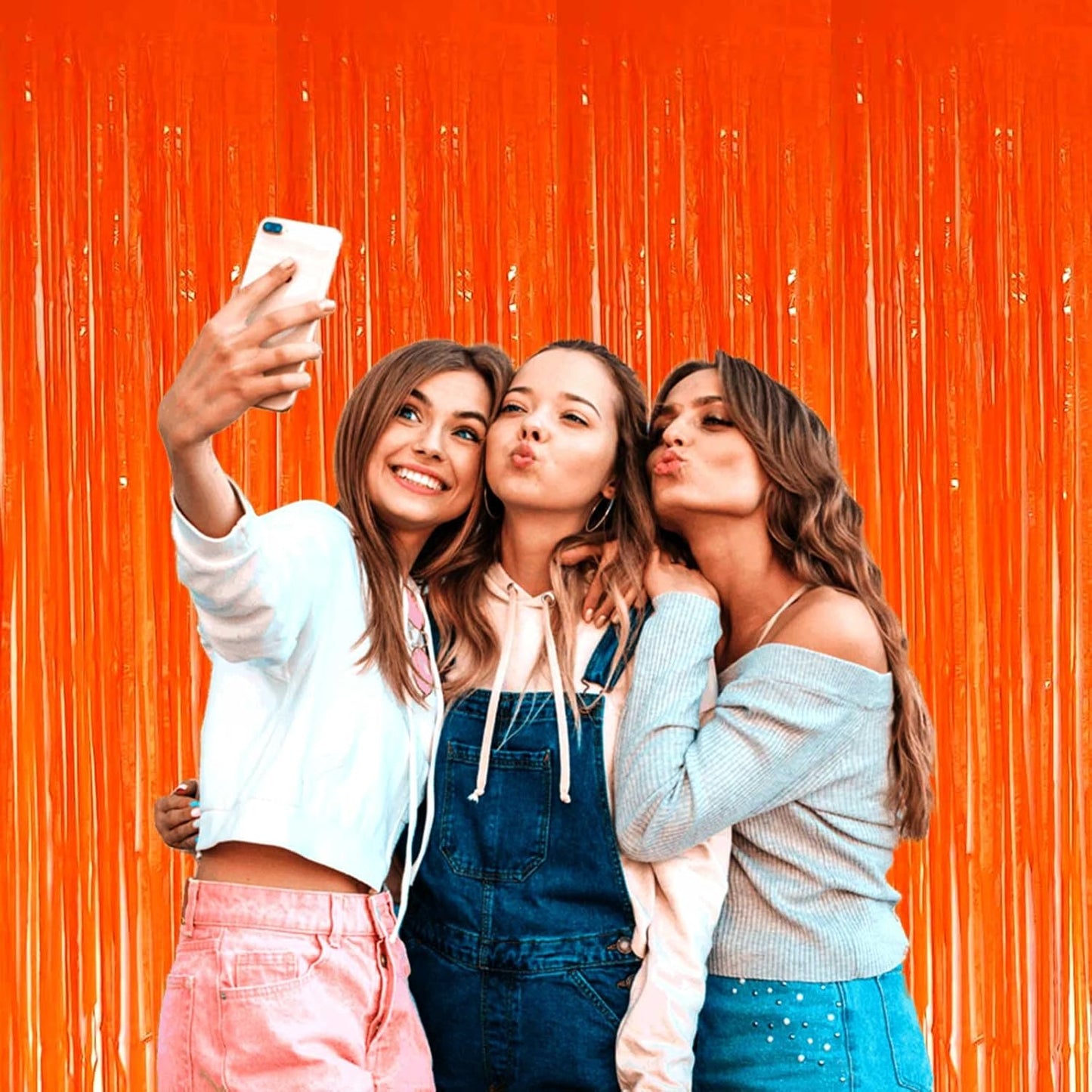 4 Pack Macaron Orange Foil Fringe Curtain Backdrop, 3.28Ft x 8.2Ft Metallic Tinsel Streamer Curtains, Birthday, Wedding, New Year’s, Christmas Decorations Party Supplies, One Size