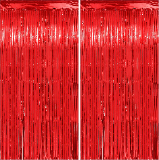 Red Streamers Party Decorations - Thicken 2 Pack 3.2 x 8.2 FT - Tinsel Foil Fringe Curtains Party Backdrop for Birthday, Casino, Carnival, Cherry, Hollywood Red Carpet Party Decorations
