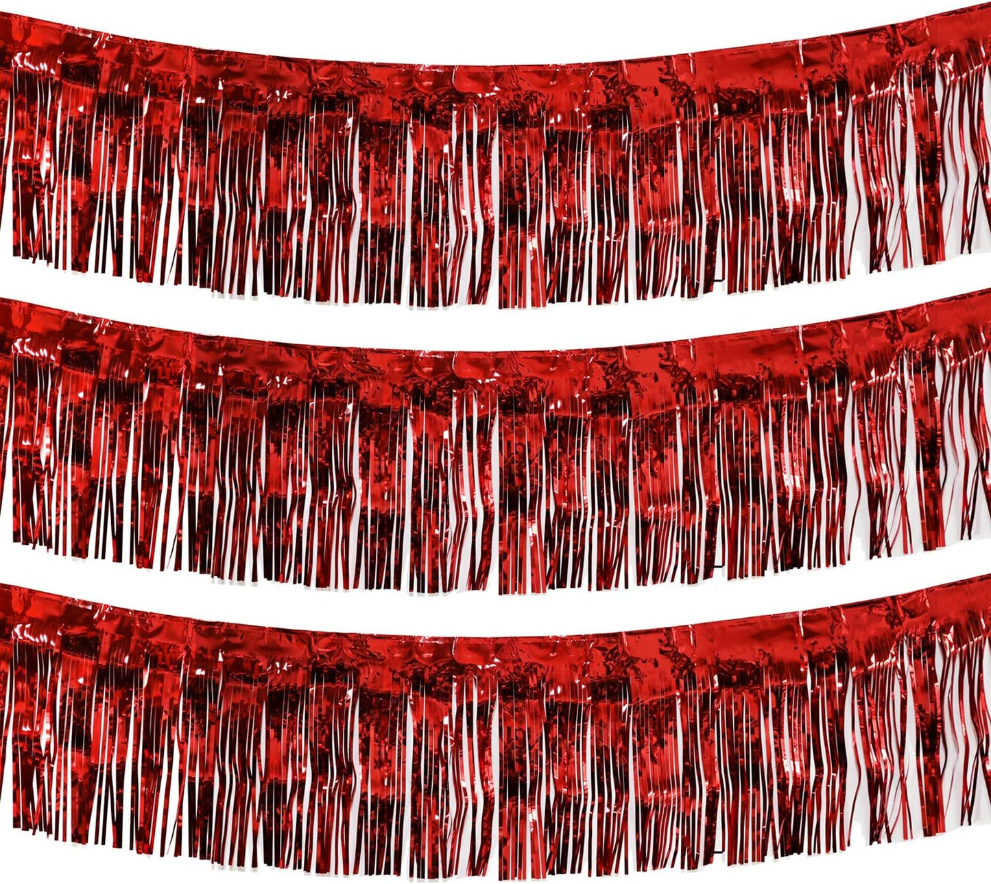 Thick 10 Feet by 15 Inch Red Foil Fringe Garland - Pack of 3 | Shiny Metallic Tinsel Banner for Parade Floats, Bridal Shower, Wedding, Birthday, Christmas | Wall Hanging Drapes (3)