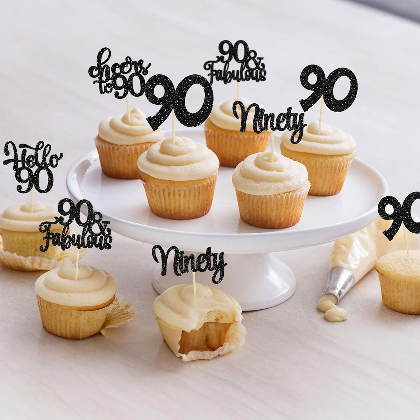 Gyufise 30Pcs Happy 90th Birthday Cupcake Toppers Black Glitter Ninety Cheers to 90 Years Old Birthday Cupcake Picks for Happy 90th Birthday Anniversary Party Cake Decorations