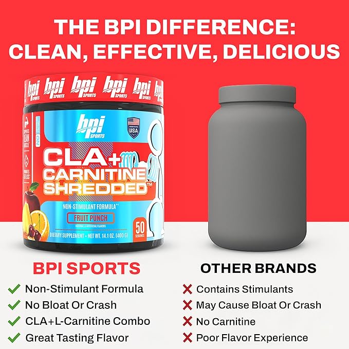 BPI Sports CLA + Carnitine Shredded - Convert Fat Cells Into Energy and Supports Lean Muscle, Boost Metabolism - Non-Stimulant L-Carnitine Supplement - Fruit Punch (14.1 oz. / 50 Servings)